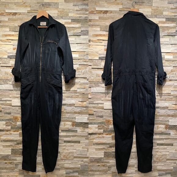 Current/Elliott Dark Wash Denim Utility Coverall Jumpsuit | Model-Off-Duty - Picture 1 of 8